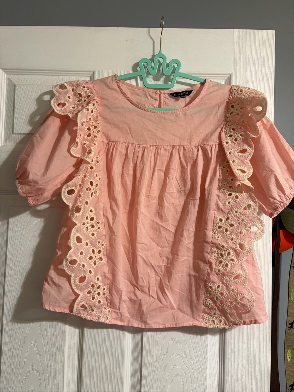 Soft Pink Eyelet Trim Women's Blouse